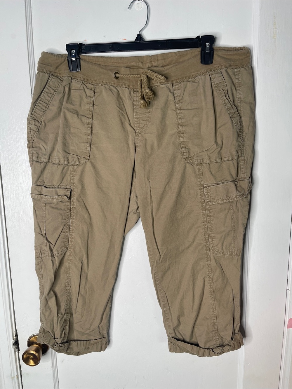 Old Navy XL Khaki Capri Pants Pull On Drawstring Waist Cargo Cotton 2011 Vtg
